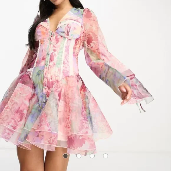 ASOS LUXE CURVE cupped organza mini dress in floral scarf print - Picture 4 of 4